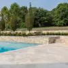 Poolside landscape showing the Quarry Mill's Primavera thin stone veneer.