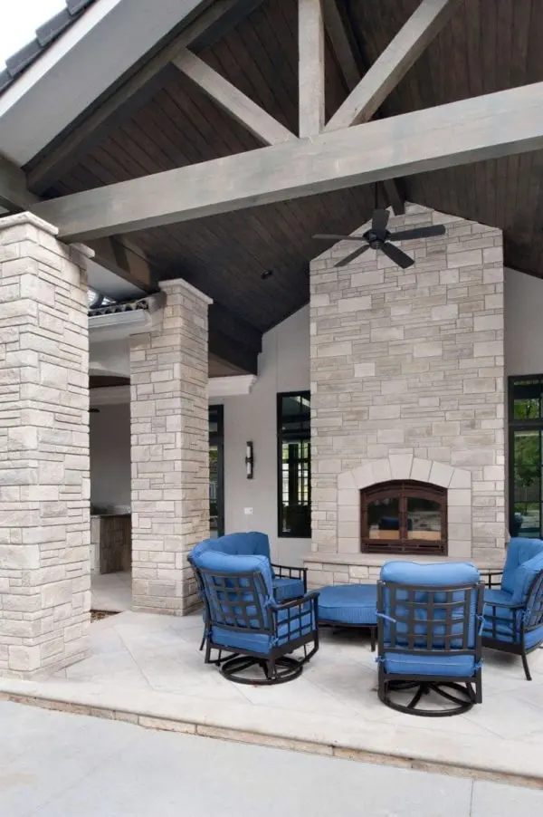 Outdoor Living Pavilion with Joliet Real Stone Veneer Fireplace and Pillars