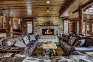 Log Cabin Fireplace with Natural Stone