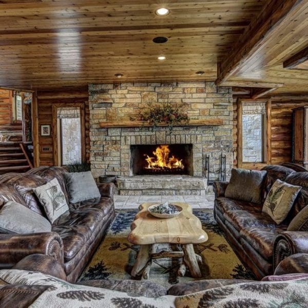 Log Cabin Fireplace with Natural Stone