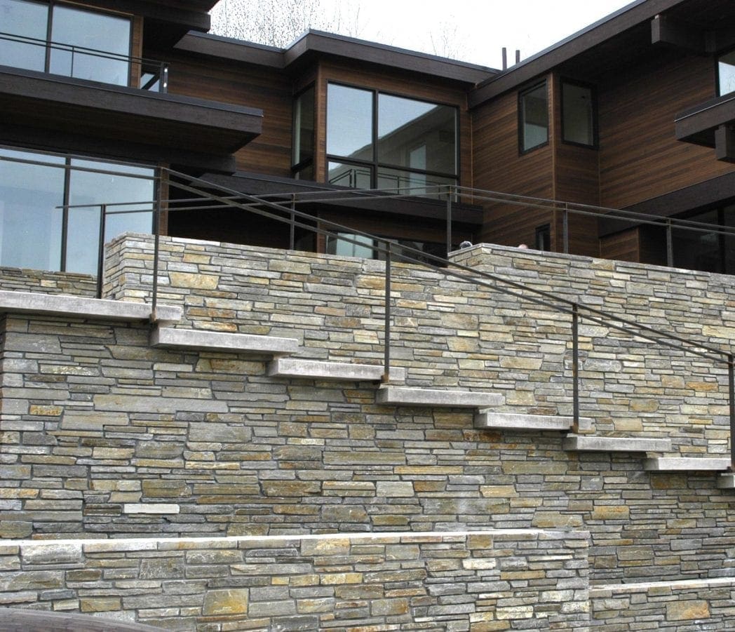 Smokey Gold Ledgestone Patio Accent Wall and Staircase