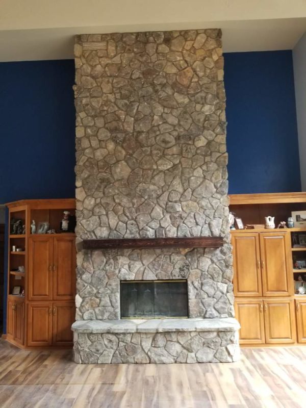 Moss Rock Mosaic Thin Stone Veneer Wood Burning Fireplace