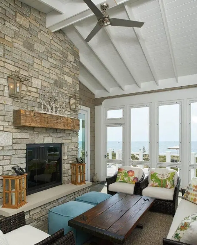 Beach Home Interior Fireplace with Bismarck Natural Stone Veneer