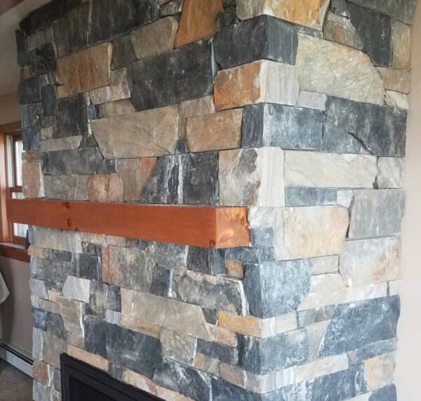 Danbury natural thin stone veneer interior drystack fireplace