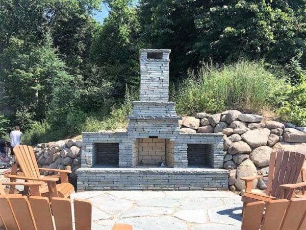 Outdoor fireplace with Avalon custom real thin stone veneer with no lavender pieces