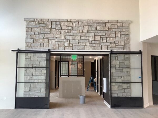 Commercial interior accent wall with Catskill ashlar style real stone veneer