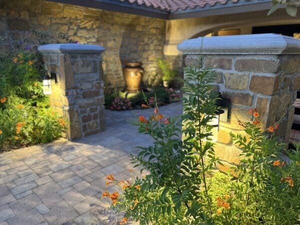 Cabernet Real Thin Stone Veneer Pillars at Twilight