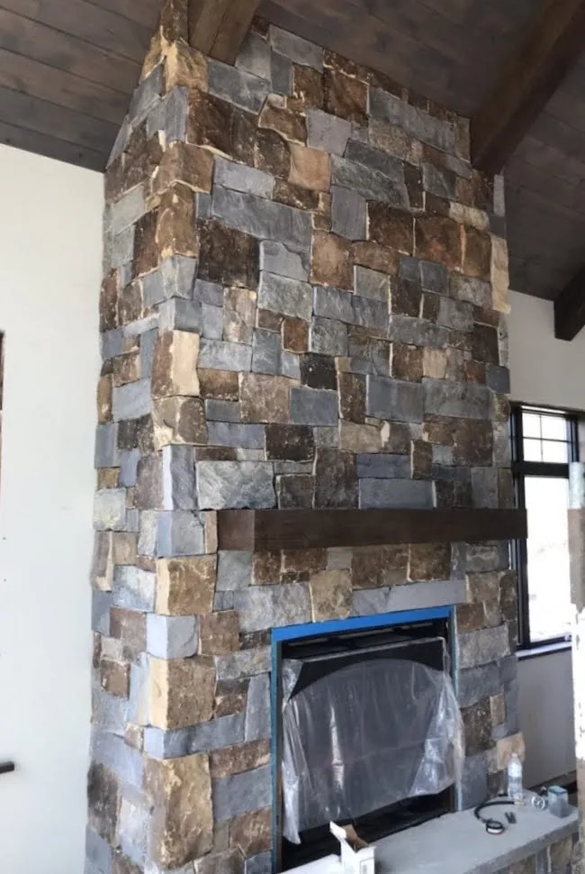 Custom Drystack Fireplace Blend of Glacier Ridge and English Tudor Real Stone Veneers