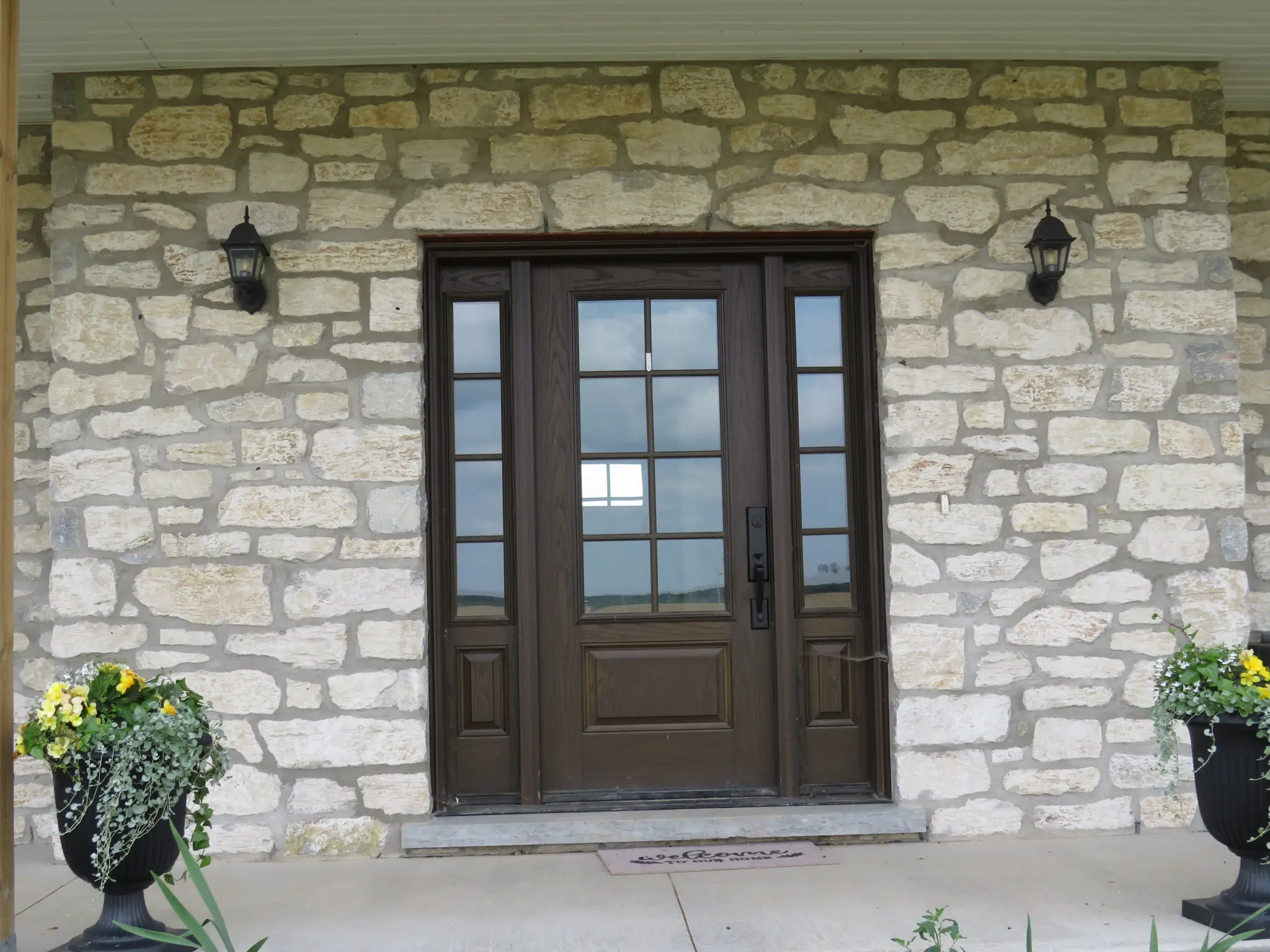 Tumbled Door County Fieldstone Real Thin Veneer Front Entrance with Flush Joint