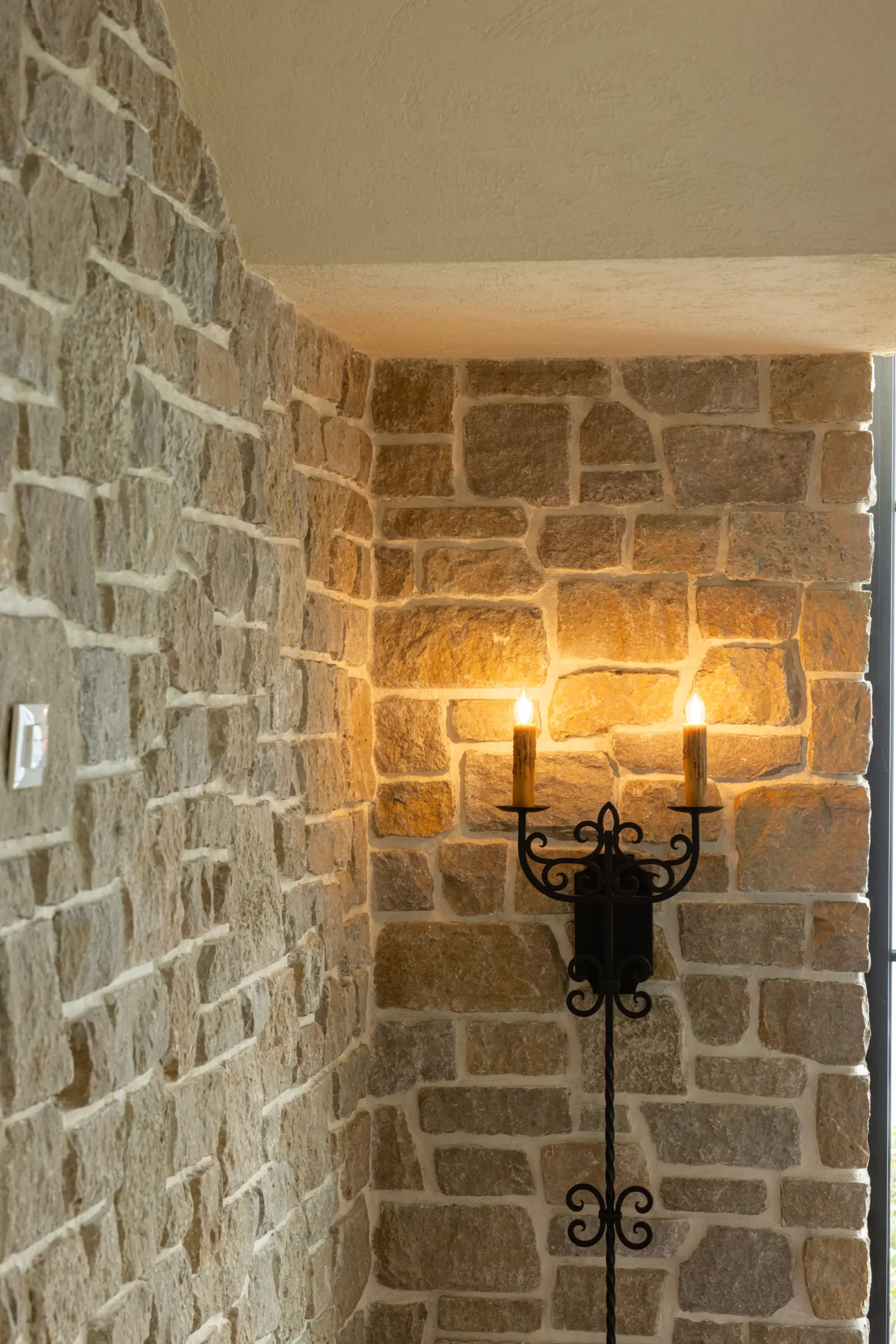 Tuscan Antique Real Thin Stone Veneer Stairway Close Up