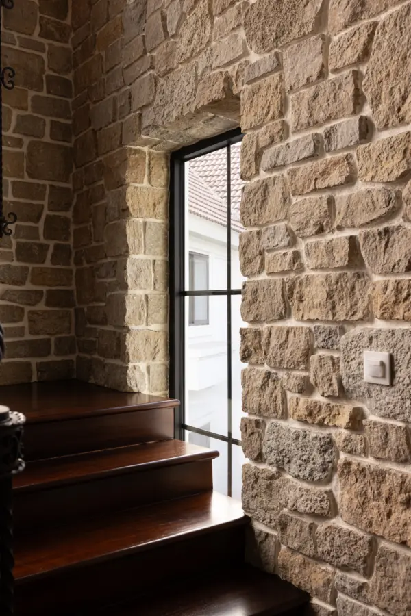 Tuscan Antique Real Thin Stone Veneer Stairwell